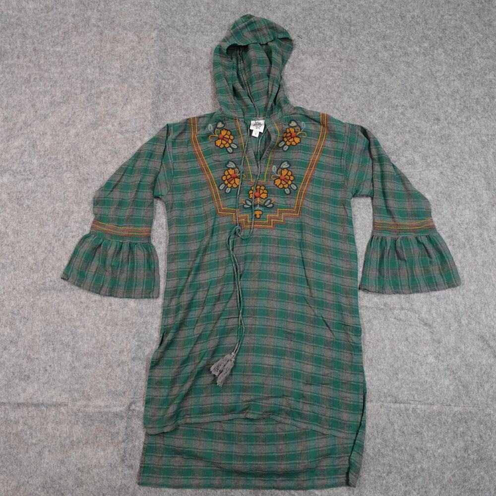 Ivy Jane Dress Womens Small Bell Sleeve Plaid Embroidered Hooded Boho Artsy‎